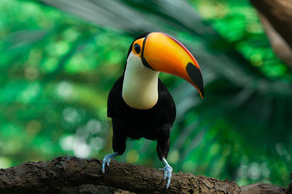 Toucan sits on a branch in the jungle